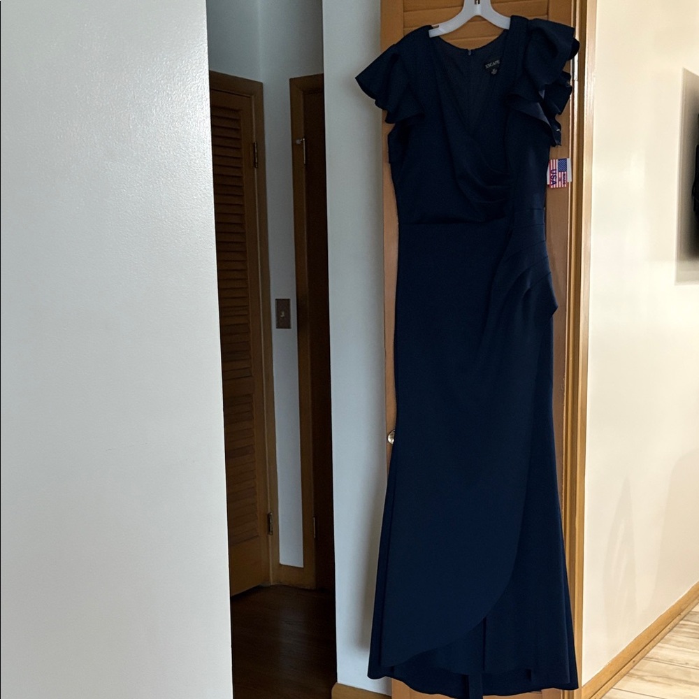 Xscape Navy Ruffle Sleeve Maxi Dress